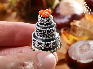 Bones Tower Cake - Black Three Tiered Cake Decorated for Autumn / Fall / Halloween - Miniature Food