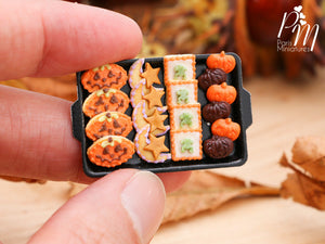 Miniature Food Halloween Cookies - Jack O'Lanterns, Moon/Star, Frog Cookies on Tray