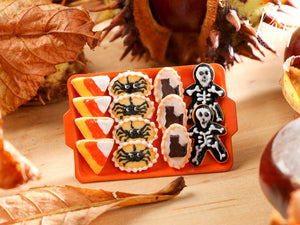 Miniature Halloween Cookies - Candy Corn, Spider, Cat, Skeleton on Tray