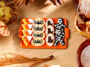 Miniature Halloween Cookies - Candy Corn, Spider, Cat, Skeleton on Tray