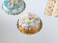 Load image into Gallery viewer, St Honoré Pastry with Pink Blossoms, Butterfly - Miniature Food for Dollhouse 12th scale