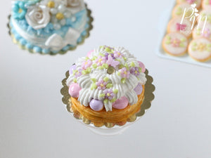 St Honoré Pastry with Pink Blossoms, Butterfly - Miniature Food for Dollhouse 12th scale