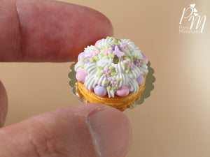 St Honoré Pastry with Pink Blossoms, Butterfly - Miniature Food for Dollhouse 12th scale
