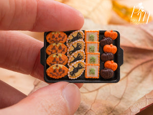 Miniature Halloween Cookies - Jack O'Lantern, Spiders, Frogs, Chocolate and Orange Pumpkins on Tray