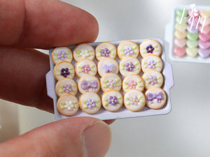 Presentation of Purple / Mauve / Lilac Cookies on Pink Baking Tray - Miniature Food for Dollhouse