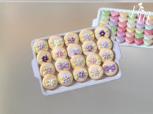 Load image into Gallery viewer, Presentation of Purple / Mauve / Lilac Cookies on Pink Baking Tray - Miniature Food for Dollhouse