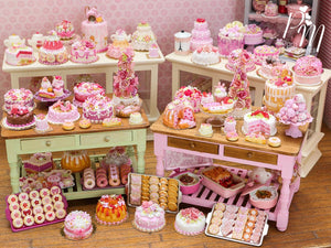 Pink Blossoms Cake, Pink Heart, Silk Ribbon Bow - Miniature Food