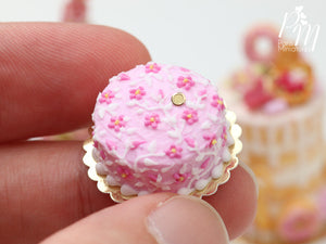 Light Pink Cake Decorated with Dark Pink Blossoms with Hand-Piped Stems - 12th Scale Miniature Food