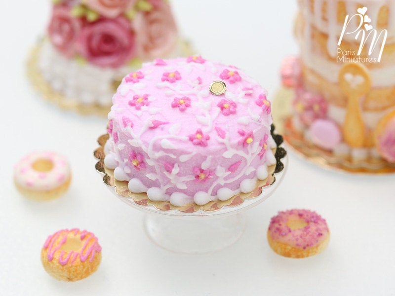 Light Pink Cake Decorated with Dark Pink Blossoms with Hand-Piped Stems - 12th Scale Miniature Food