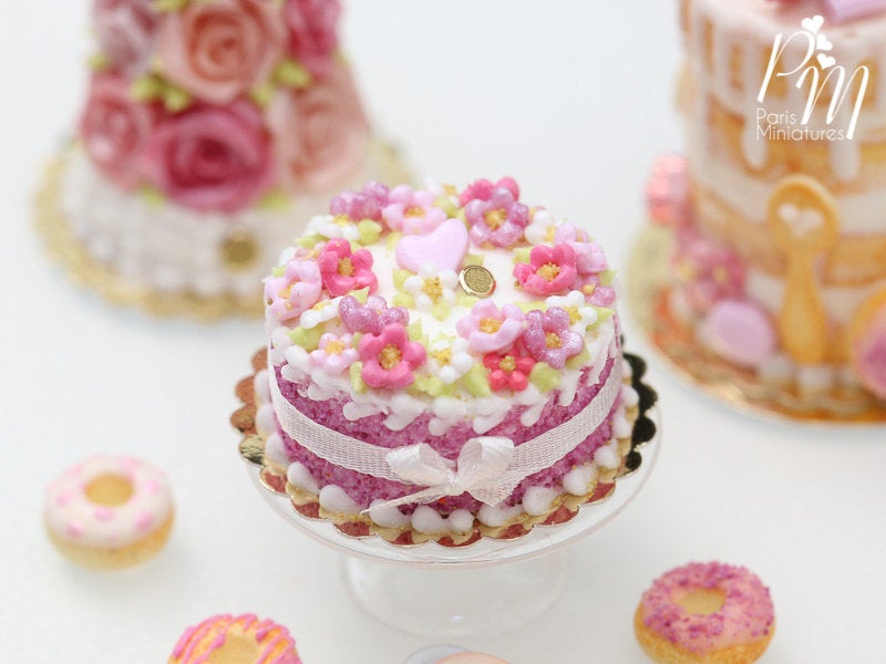 Pink Blossoms Cake, Pink Heart, Silk Ribbon Bow - Miniature Food