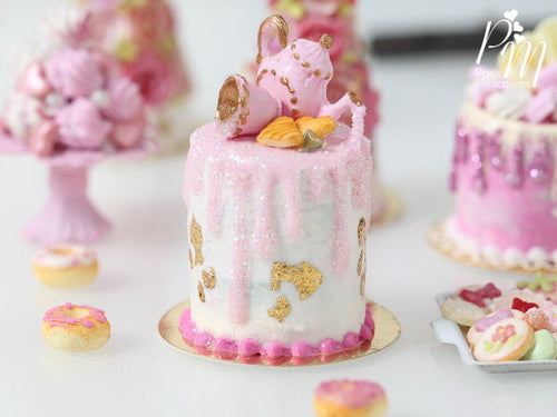 Pink Teatime Drip Cake with Pink Glittery Decoration Being Poured by Teapot - Miniature Food