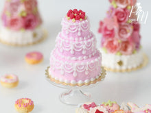 Load image into Gallery viewer, Three-tiered Pink Cake with Hand-Piped Icing with a Crown of Raspberries - Miniature Food