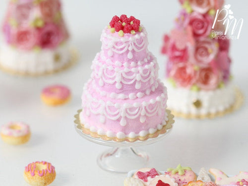 Three-tiered Pink Cake with Hand-Piped Icing with a Crown of Raspberries - Miniature Food