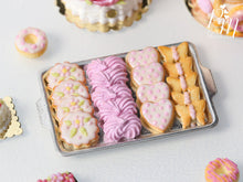 Load image into Gallery viewer, Pink-Themed Butter Cookies and Pink Meringues on Metal Baking Tray - 12th Scale Miniature Food