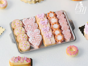 Pink-Themed Butter Cookies on Metal Baking Tray (Hearts, Gift Packets etc) - Miniature Food