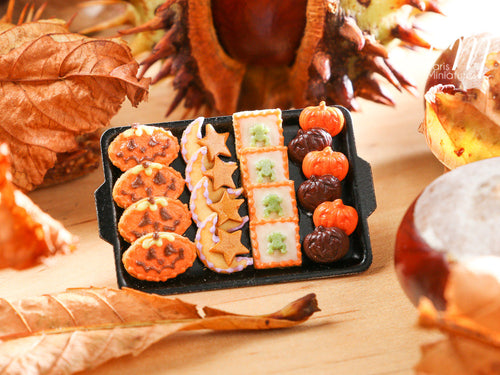 Miniature Food Halloween Cookies - Jack O'Lanterns, Moon/Star, Frog Cookies on Tray