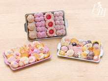 Load image into Gallery viewer, A collection of three miniature metal trays filled with handmade miniature food sweet treats including meringues and cookies made from polymer clay