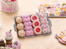 Load image into Gallery viewer, A miniature metal tray filled with handmade miniature food sweet treats including meringues in pink made from polymer clay