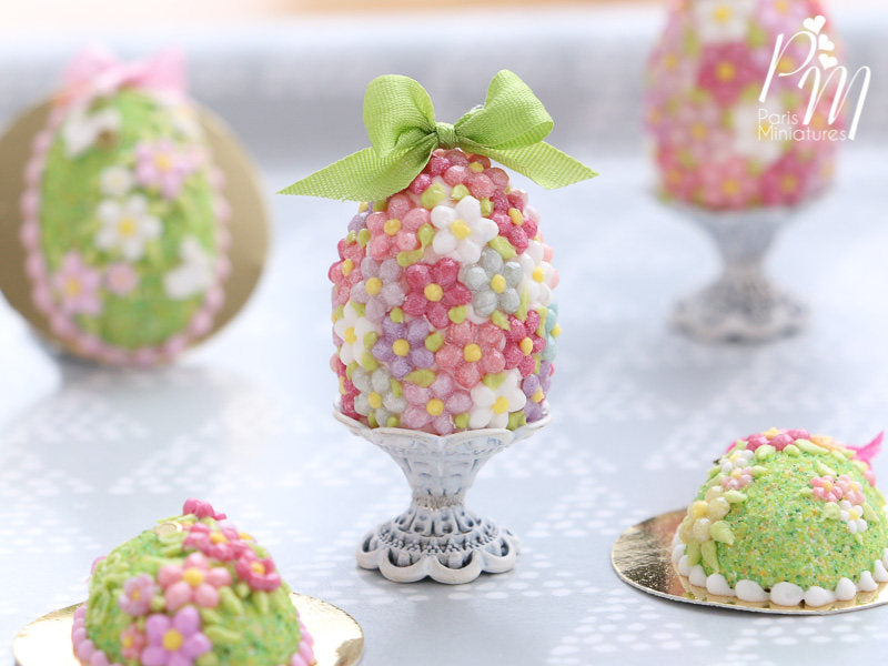 Spring Blossom Easter Egg (Green Bow) on Shabby Chic Stand - Miniature Food in 12th Scale