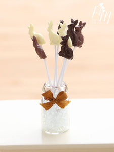 Display of Chocolate Easter Bunny Lollipops (Three Each of Dark, Milk and White Chocolate)