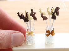 Load image into Gallery viewer, Display of Chocolate Easter Bunny Lollipops (Three Each of Dark, Milk and White Chocolate)