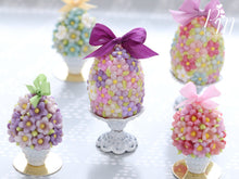 Load image into Gallery viewer, Spring Blossom Easter Egg (Purple Bow) on Shabby Chic Stand - Miniature Food in 12th Scale