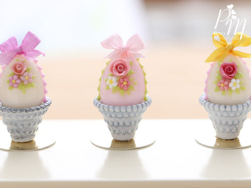 Pastel Candy Easter Egg Decorated with Single Rose in Shabby Chic Pot (B) Miniature Food