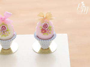 Pastel Candy Easter Egg Decorated with Single Rose in Shabby Chic Pot (J) Miniature Food