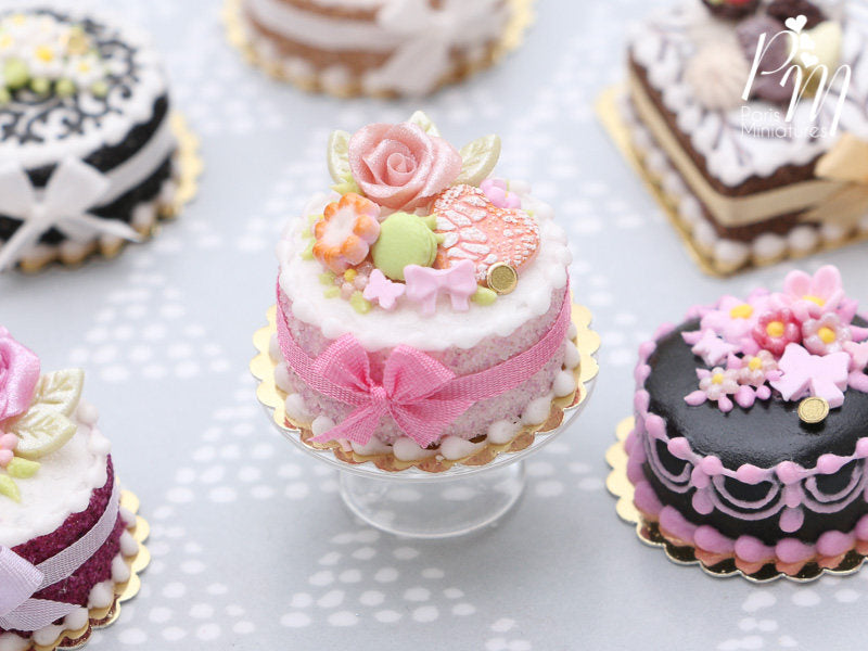 Pink Rose Cake with Cookies and Pistachio Macaron - Miniature Food in 12th Scale for Dollhouse