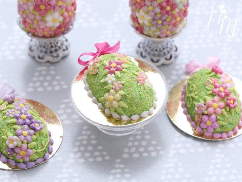 Easter Egg Cake with Spring Garden Blossom Decoration (A - Dark Pink) - Miniature Food