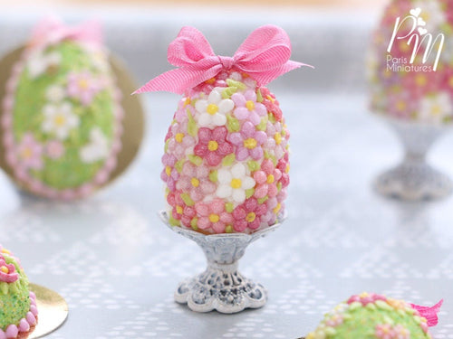 Spring Blossom Easter Egg (Pink Bow) on Shabby Chic Stand - Miniature Food in 12th Scale