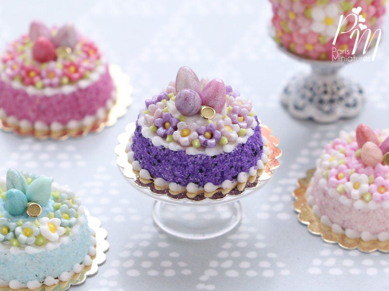 Spring Blossom Easter Egg Nest Cake (Purple) - Miniature Food in 12th Scale for Dollhouse