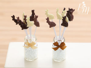 Display of Chocolate Easter Bunny Lollipops (Three Each of Dark, Milk and White Chocolate)