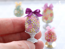 Load image into Gallery viewer, Spring Blossom Easter Egg (Purple Bow) on Shabby Chic Stand - Miniature Food in 12th Scale