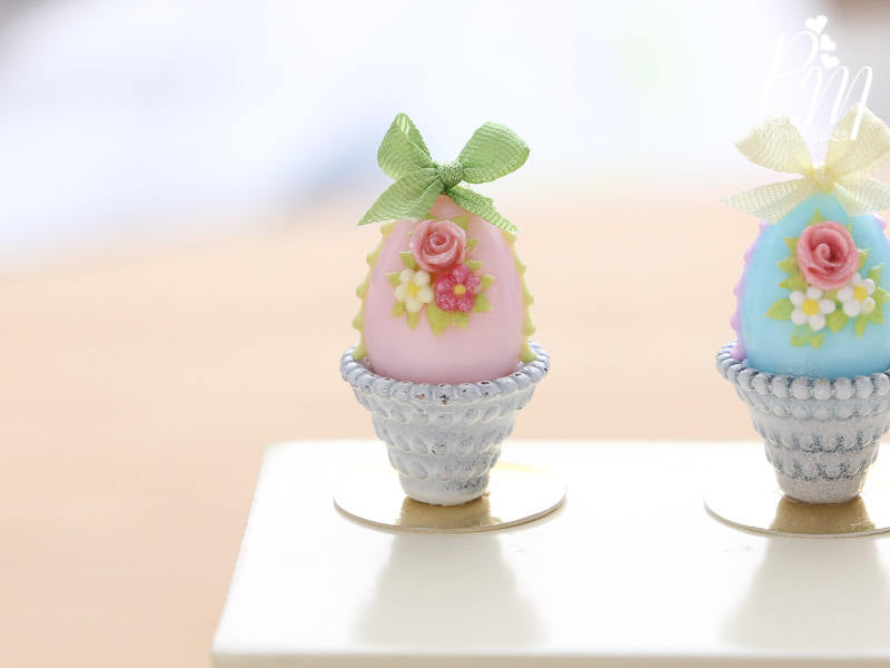 Pastel Candy Easter Egg Decorated with Single Rose in Shabby Chic Pot (F) Miniature Food