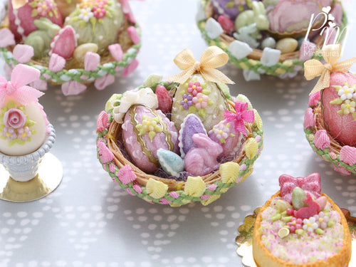 Beautiful Easter Basket Filled with Colourful Easter Eggs and Rabbit Candy (A) Miniature Food