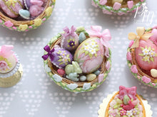 Load image into Gallery viewer, Beautiful Easter Basket Filled with Colourful Easter Eggs and Rabbit Candy (C) Miniature Food