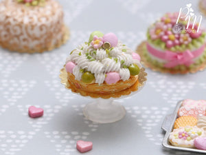 Pink and Pistachio St Honoré French Pastry - Decorated with Macarons - Miniature Food for Dollhouse