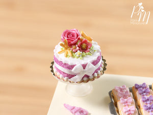 Pink Rose and Flowers Cake - Miniature Food in 12th Scale for Dollhouse
