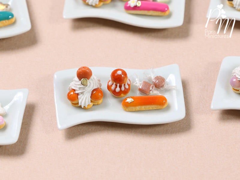 Classic Caramel French Pastries/Desserts on Plate - St Honoré, Religieuse, Eclair - Miniature Food