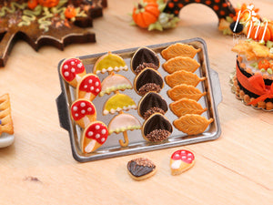 Autumn Cookies on Metal Baking Tray (Toadstool, Umbrella, Chestnut, Leaf) - Miniature Food
