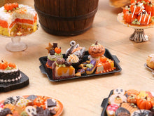 Load image into Gallery viewer, Halloween and Autumn Miniature Pastries and Treats on Black Metal Baking Tray – Miniature Food