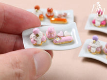 Load image into Gallery viewer, Classic French Pastries/Desserts on Plate (Pink) - St Honoré, Religieuse, Eclair - Miniature Food