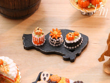 Load image into Gallery viewer, Trio of Autumn Pastries on Black Cat Shaped Tray - 12th Scale Miniature Food