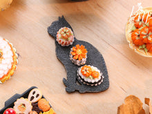Load image into Gallery viewer, Trio of Autumn Pastries on Black Cat Shaped Tray - 12th Scale Miniature Food