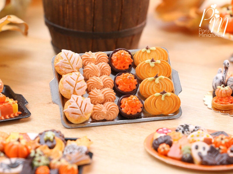 Autumn Leaf Bread, Meringue, Tartlets and Cookies on Metal Baking Tray - 12th Scale Miniature Food