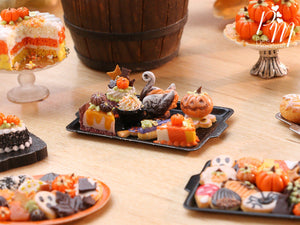 Halloween and Autumn Miniature Pastries and Treats on Black Metal Baking Tray – Miniature Food