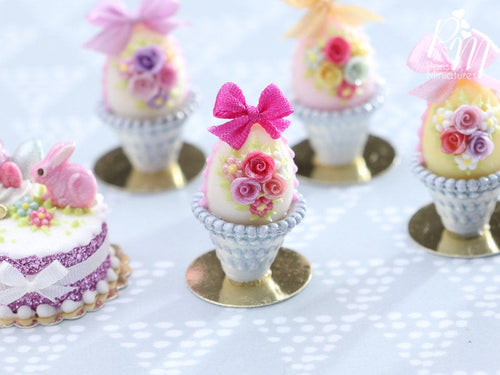 Miniature Pastel Candy Easter Egg (B) Decorated with Trio of Handmade Pink Roses in Shabby Chic Pot