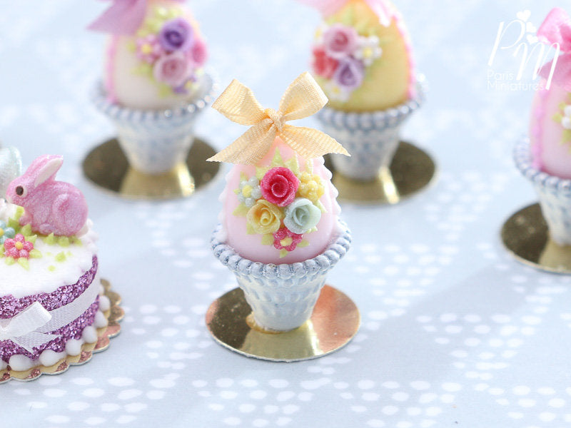 Miniature Food Pastel Candy Easter Egg (D) Decorated with Trio of Handmade Roses in Shabby Chic Pot