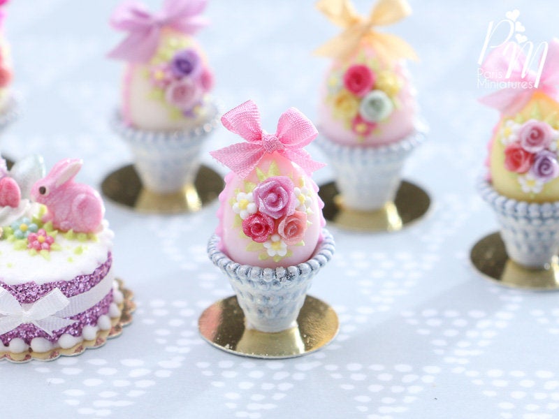 Miniature Food Pastel Candy Easter Egg (F) Decorated with Trio of Handmade Roses in Shabby Chic Pot